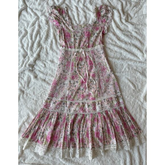 LoveShackFancy 🌷 Cottagecore Pink Floral Embroidered Lace Rare Midi Dress sz 0 - Picture 9 of 15